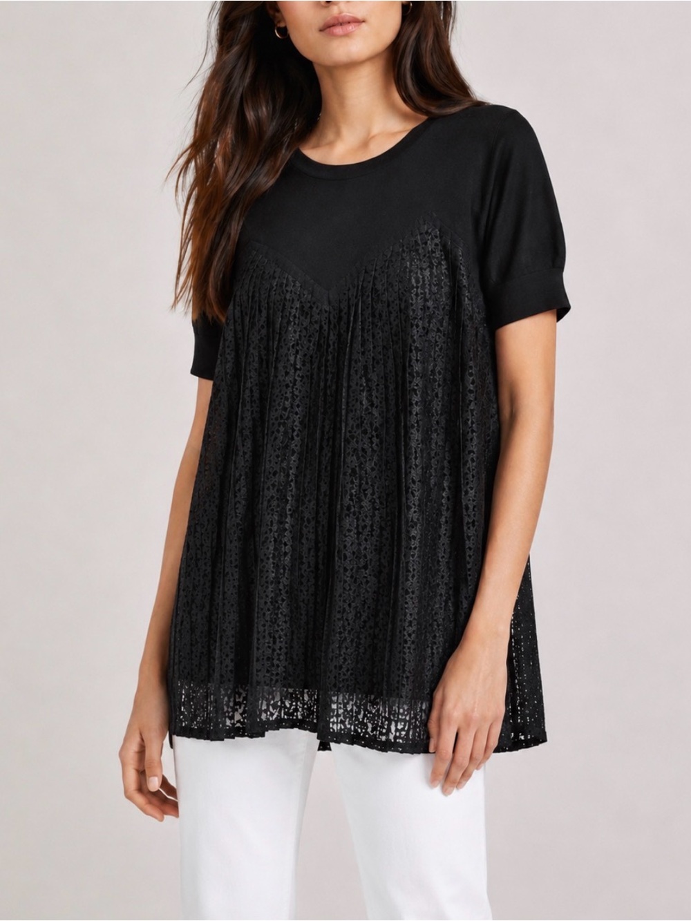 Sandro Linen Blend Lace Pleated Short Sleeve Blouse